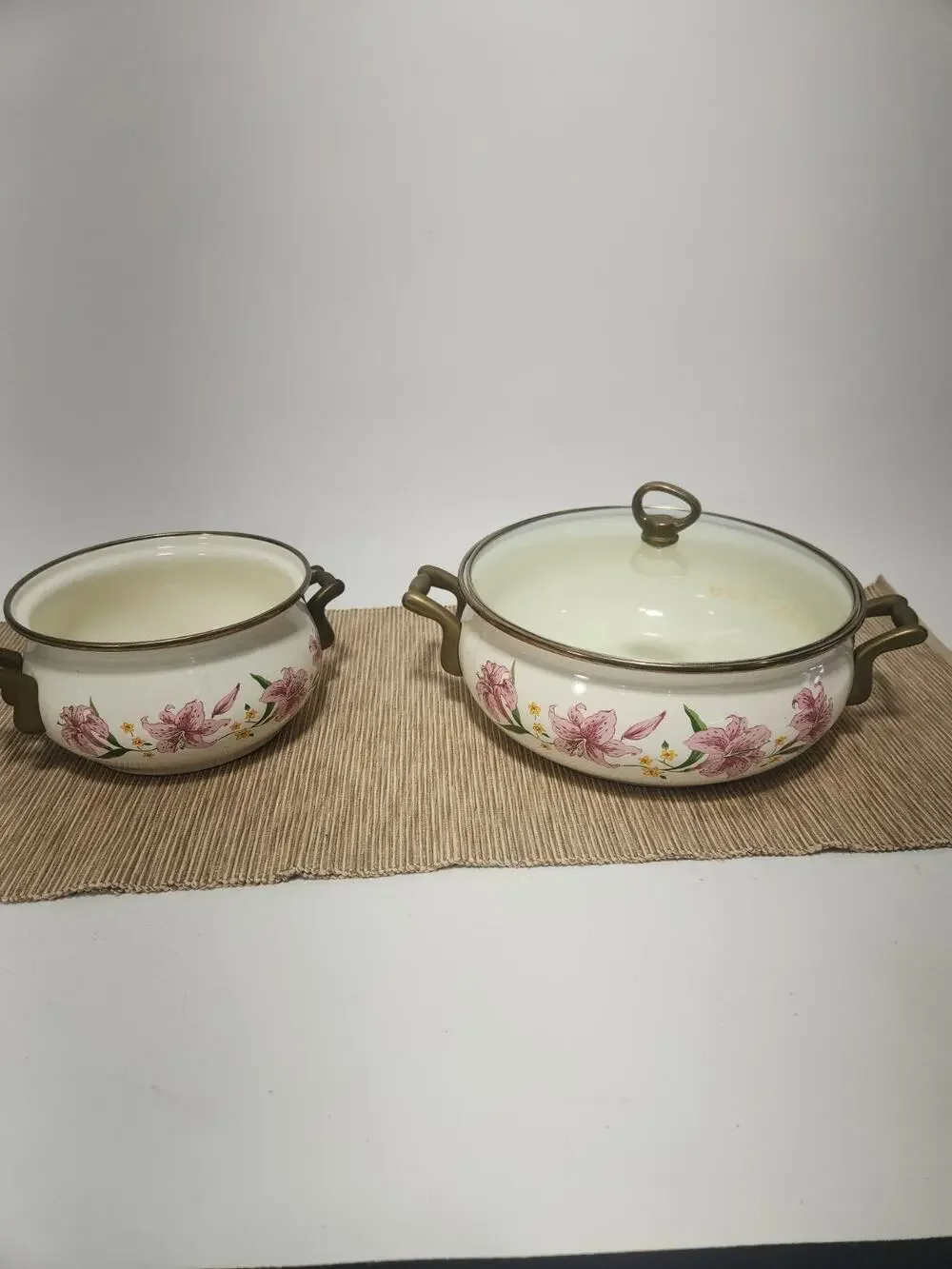 Vintage Normandy Taiwan Pink Lily Enamel Casserole Set w/ Lid Floral Cookware 2